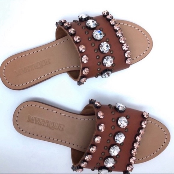 Mystique Leather Sandals Brown Rhinestones - Picture 1 of 5